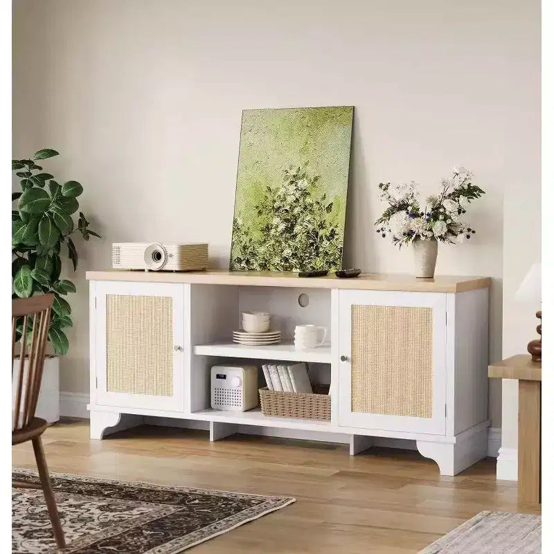 Acekool 61 Mueble para TV estilo rústico para televisores de hasta 65 pulgadas, consola multimedia con puertas de ratán, armarios de almacenamiento y estantes abiertos, centro de entretenimiento