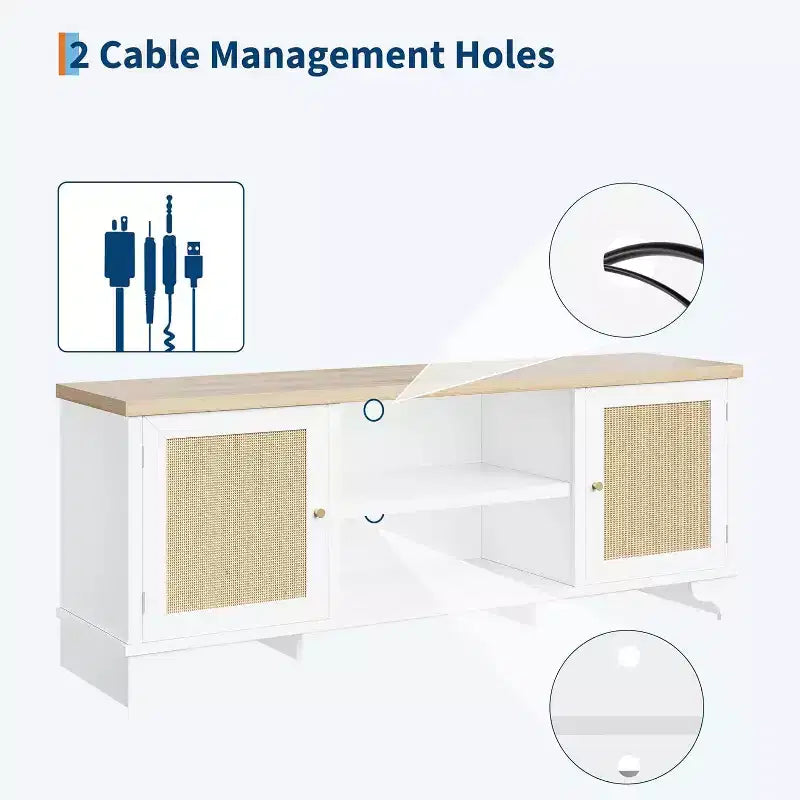 Acekool 61 Mueble para TV estilo rústico para televisores de hasta 65 pulgadas, consola multimedia con puertas de ratán, armarios de almacenamiento y estantes abiertos, centro de entretenimiento