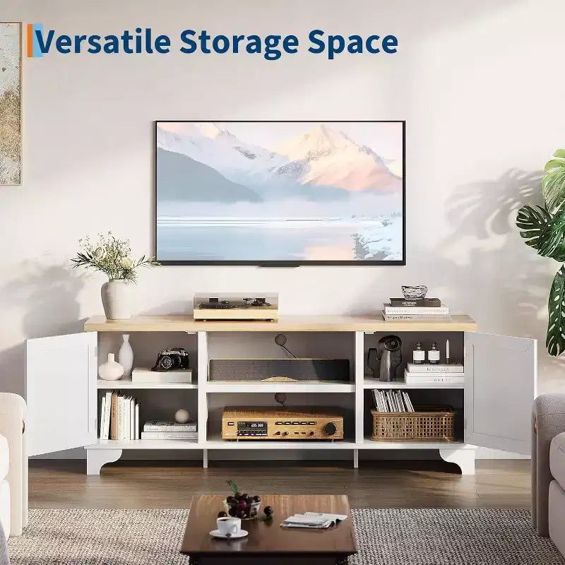 Acekool 61 Mueble para TV estilo rústico para televisores de hasta 65 pulgadas, consola multimedia con puertas de ratán, armarios de almacenamiento y estantes abiertos, centro de entretenimiento