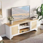 Acekool 61 Mueble para TV estilo rústico para televisores de hasta 65 pulgadas, consola multimedia con puertas de ratán, armarios de almacenamiento y estantes abiertos, centro de entretenimiento