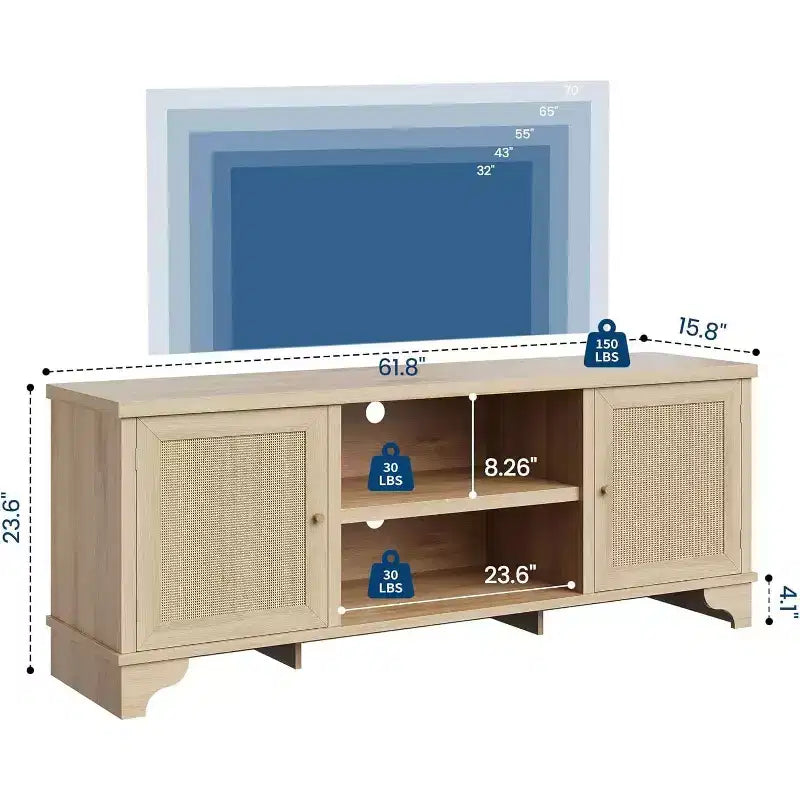Acekool 61 Mueble para TV estilo rústico para televisores de hasta 65 pulgadas, consola multimedia con puertas de ratán, armarios de almacenamiento y estantes abiertos, centro de entretenimiento