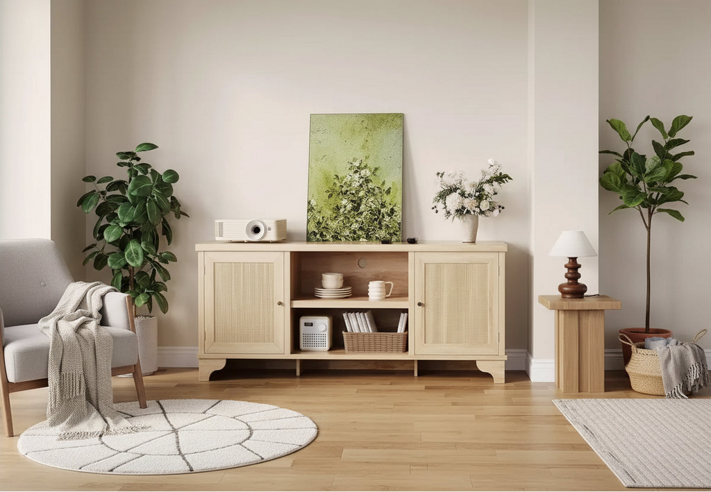 Acekool 61 Mueble para TV estilo rústico para televisores de hasta 65 pulgadas, consola multimedia con puertas de ratán, armarios de almacenamiento y estantes abiertos, centro de entretenimiento