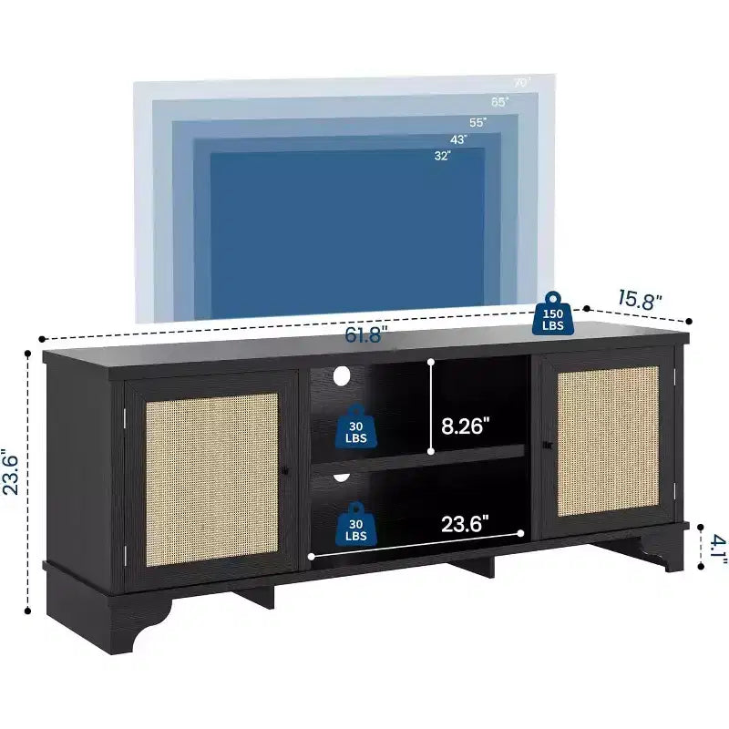 Acekool 61 Mueble para TV estilo rústico para televisores de hasta 65 pulgadas, consola multimedia con puertas de ratán, armarios de almacenamiento y estantes abiertos, centro de entretenimiento