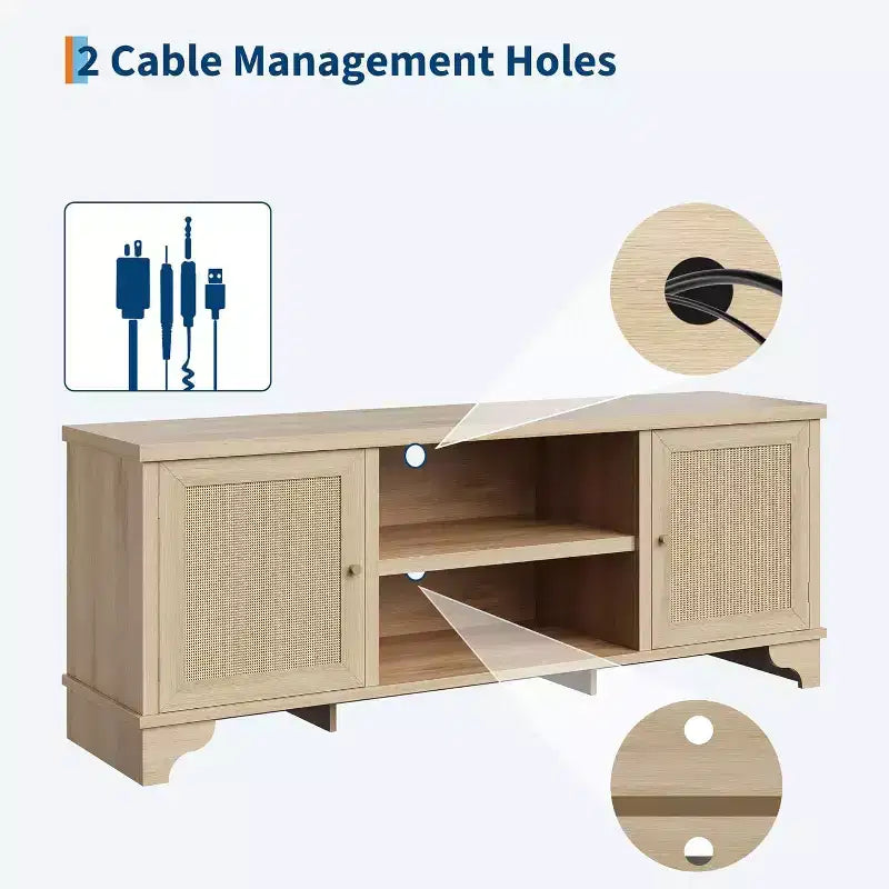Acekool 61 Mueble para TV estilo rústico para televisores de hasta 65 pulgadas, consola multimedia con puertas de ratán, armarios de almacenamiento y estantes abiertos, centro de entretenimiento