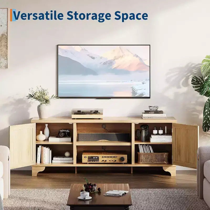 Acekool 61 Mueble para TV estilo rústico para televisores de hasta 65 pulgadas, consola multimedia con puertas de ratán, armarios de almacenamiento y estantes abiertos, centro de entretenimiento