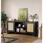 Acekool 61 Mueble para TV estilo rústico para televisores de hasta 65 pulgadas, consola multimedia con puertas de ratán, armarios de almacenamiento y estantes abiertos, centro de entretenimiento