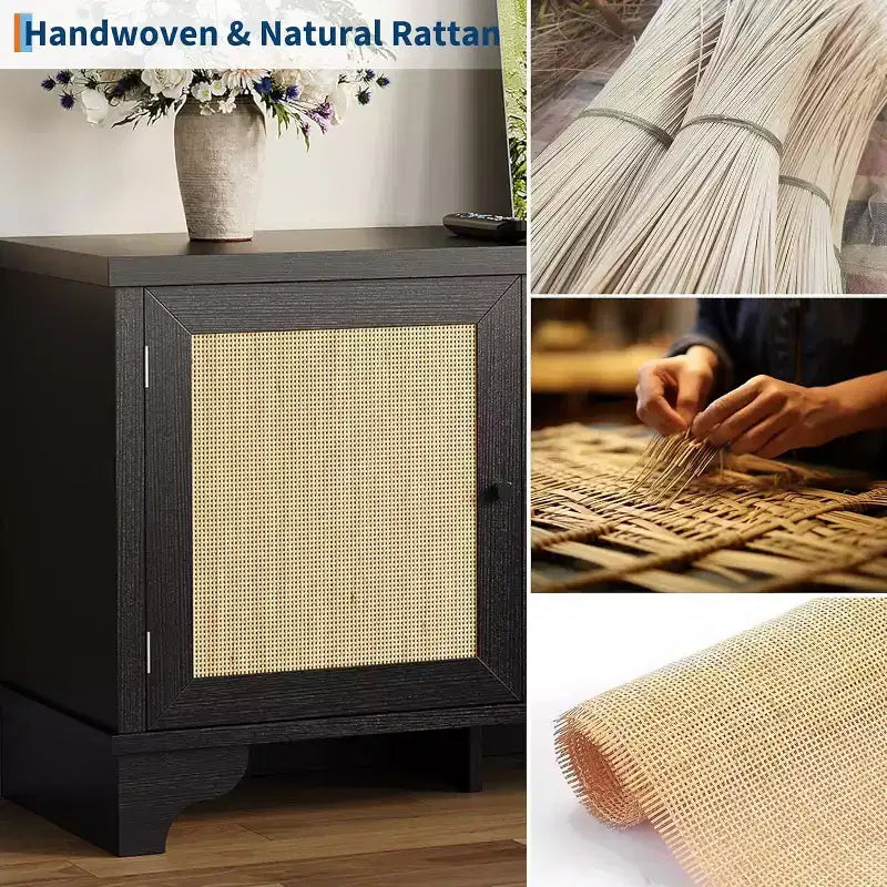 Acekool 61 Mueble para TV estilo rústico para televisores de hasta 65 pulgadas, consola multimedia con puertas de ratán, armarios de almacenamiento y estantes abiertos, centro de entretenimiento