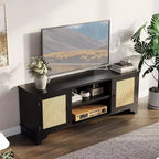 Acekool 61 Mueble para TV estilo rústico para televisores de hasta 65 pulgadas, consola multimedia con puertas de ratán, armarios de almacenamiento y estantes abiertos, centro de entretenimiento