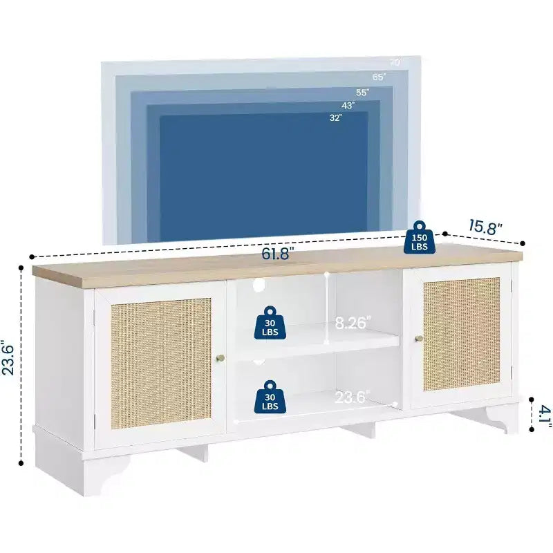 Acekool 61 Mueble para TV estilo rústico para televisores de hasta 65 pulgadas, consola multimedia con puertas de ratán, armarios de almacenamiento y estantes abiertos, centro de entretenimiento