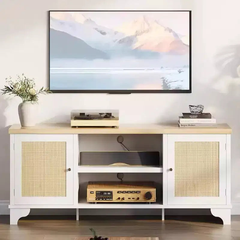 Acekool 61 Mueble para TV estilo rústico para televisores de hasta 65 pulgadas, consola multimedia con puertas de ratán, armarios de almacenamiento y estantes abiertos, centro de entretenimiento