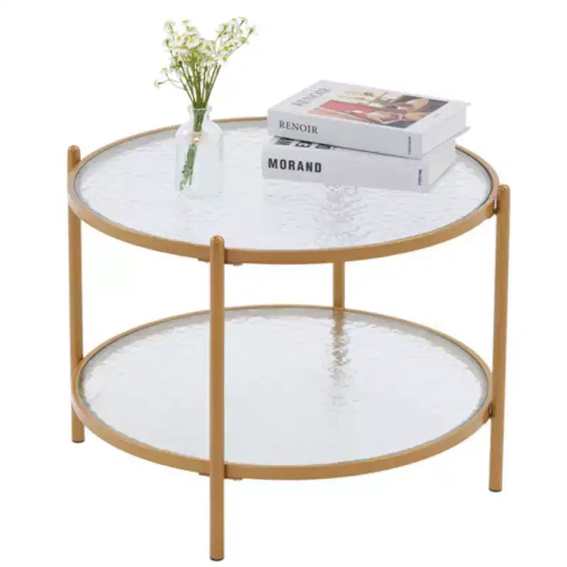 Mesa de Centro Redonda de Oro Mate Pequeña con Vidrio de Onda de Agua