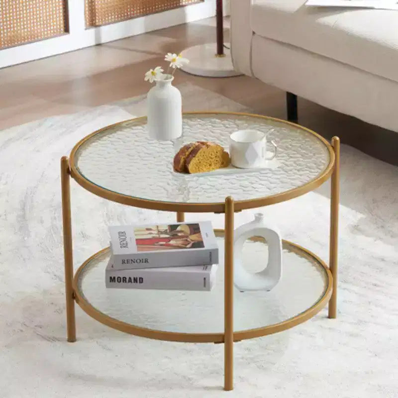 Mesa de Centro Redonda de Oro Mate Pequeña con Vidrio de Onda de Agua