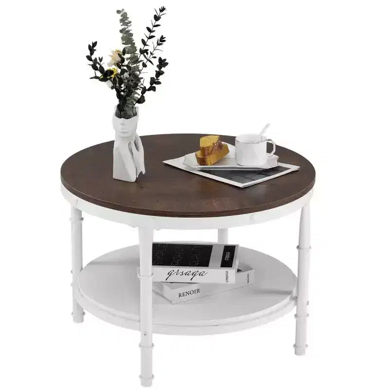 Double-Layer Wood Board Round MDF Board Iron Vintage Red-Brown Industrial Style Coffee Table