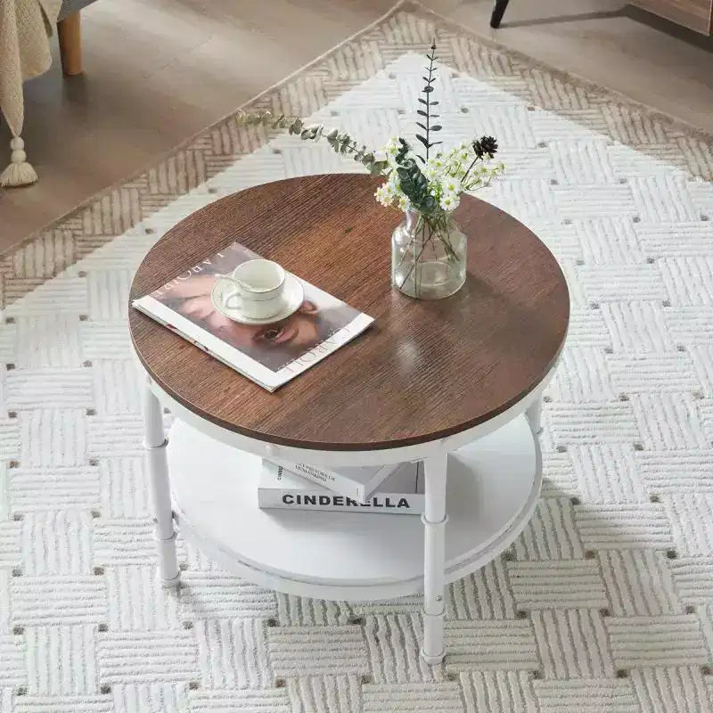 Mesa de centro redonda de estilo industrial vintage de madera de doble capa de MDF de hierro en rojo-marrón