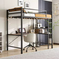 MAYEERTY Twin Loft Bed L Shaped Desk Shelves Charging Station Safety Guard Ladder Space Saving Quiet No Box Spring Brown Wood