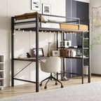 MAYEERTY Twin Loft Bed L Shaped Desk Shelves Charging Station Safety Guard Ladder Space Saving Quiet No Box Spring Brown Wood
