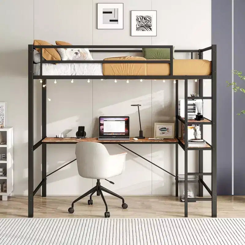 Cama alta doble con escritorio en L, estantes, estación de carga, barandilla de seguridad, escalera, ahorro de espacio, silenciosa, no necesita somier, madera marrón
