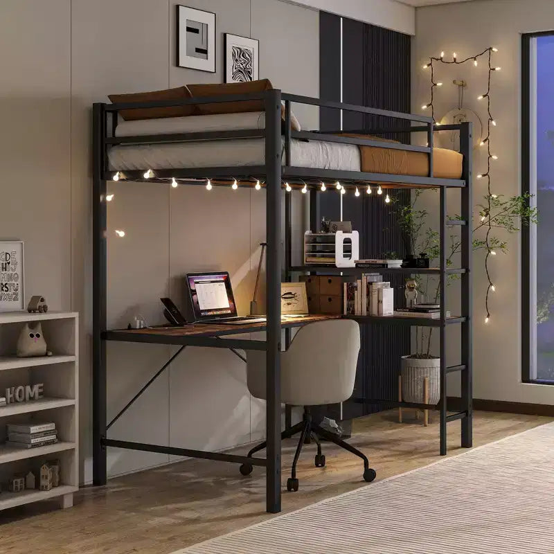 Cama alta doble con escritorio en L, estantes, estación de carga, barandilla de seguridad, escalera, ahorro de espacio, silenciosa, no necesita somier, madera marrón