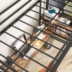 Cama alta doble con escritorio en L, estantes, estación de carga, barandilla de seguridad, escalera, ahorro de espacio, silenciosa, no necesita somier, madera marrón