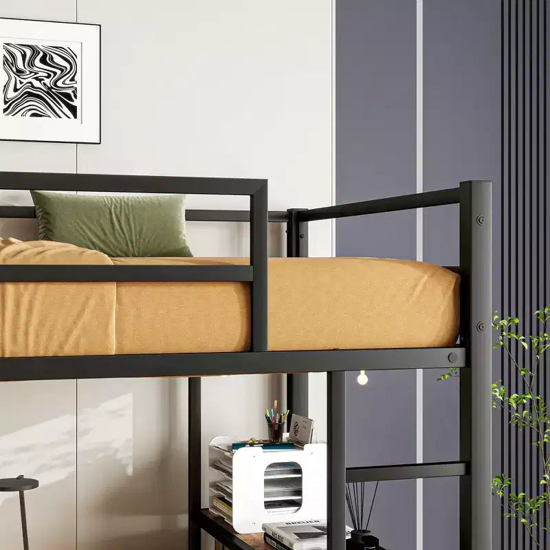 Cama alta doble con escritorio en L, estantes, estación de carga, barandilla de seguridad, escalera, ahorro de espacio, silenciosa, no necesita somier, madera marrón
