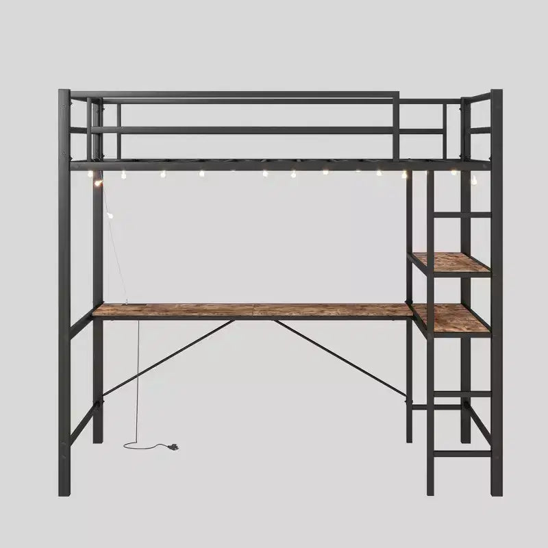 Cama alta doble con escritorio en L, estantes, estación de carga, barandilla de seguridad, escalera, ahorro de espacio, silenciosa, no necesita somier, madera marrón