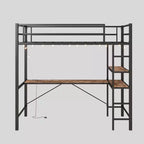 Cama alta doble con escritorio en L, estantes, estación de carga, barandilla de seguridad, escalera, ahorro de espacio, silenciosa, no necesita somier, madera marrón