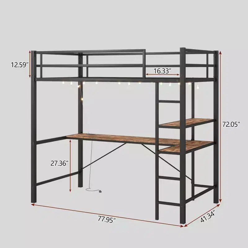 Cama alta doble con escritorio en L, estantes, estación de carga, barandilla de seguridad, escalera, ahorro de espacio, silenciosa, no necesita somier, madera marrón