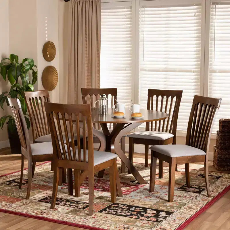 Juego de comedor de 7 piezas con tapicería de tela Wood & Lore, mesa redonda, sillas acolchadas con espuma - Baxton Studio