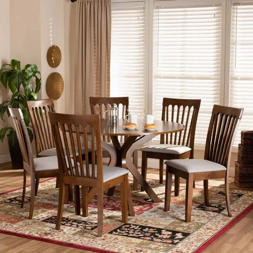 Juego de comedor de 7 piezas con tapicería de tela Wood & Lore, mesa redonda, sillas acolchadas con espuma - Baxton Studio