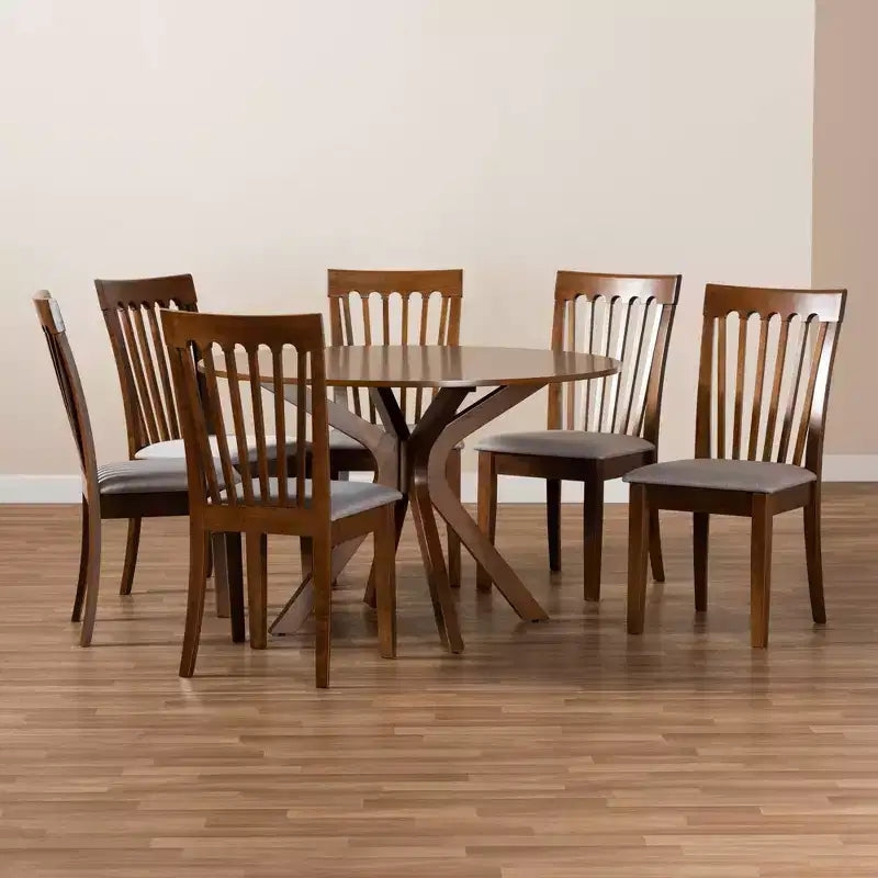 Juego de comedor de 7 piezas con tapicería de tela Wood & Lore, mesa redonda, sillas acolchadas con espuma - Baxton Studio