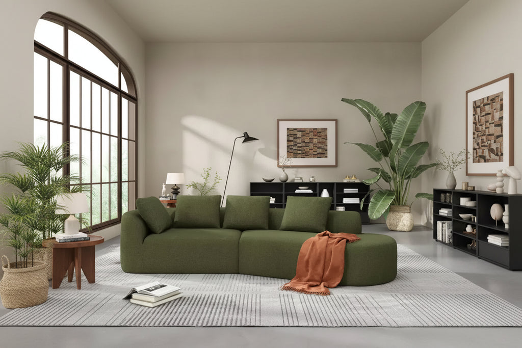 Sofá seccional curvo moderno Vivian de 116" con esponja de alta densidad y 4 cojines verde