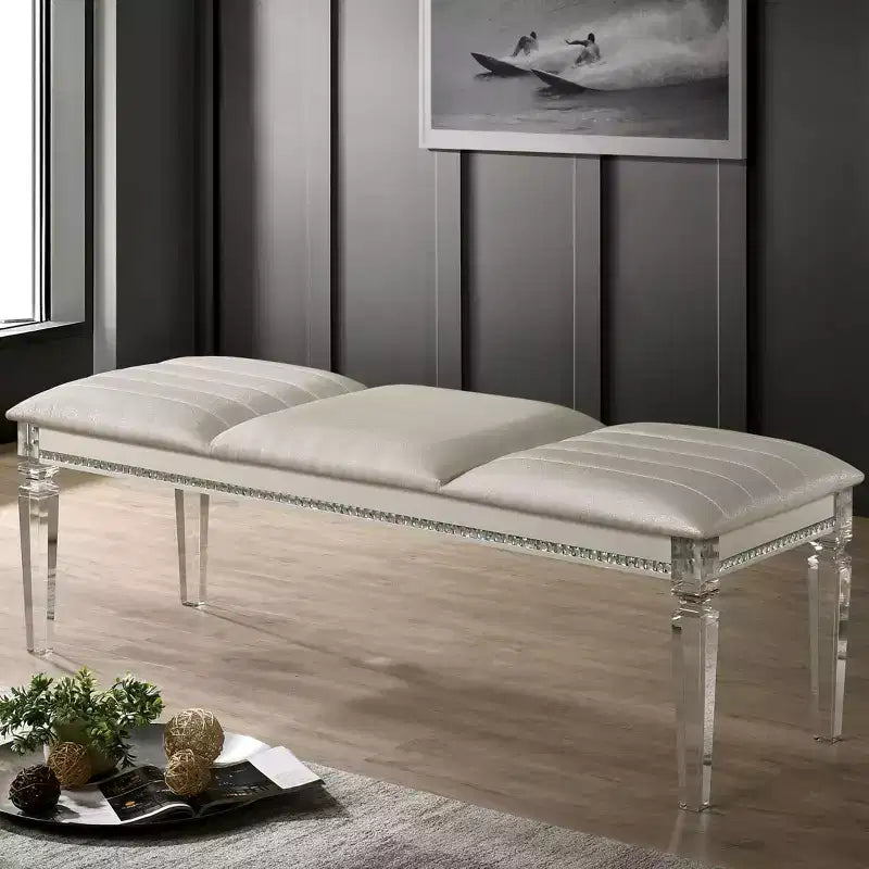 Cobblestone Acrylic Legs Bench Pearl White - HOMES: Inside + Out: Upholstered Rectangular Ottoman with Nailhead Trim