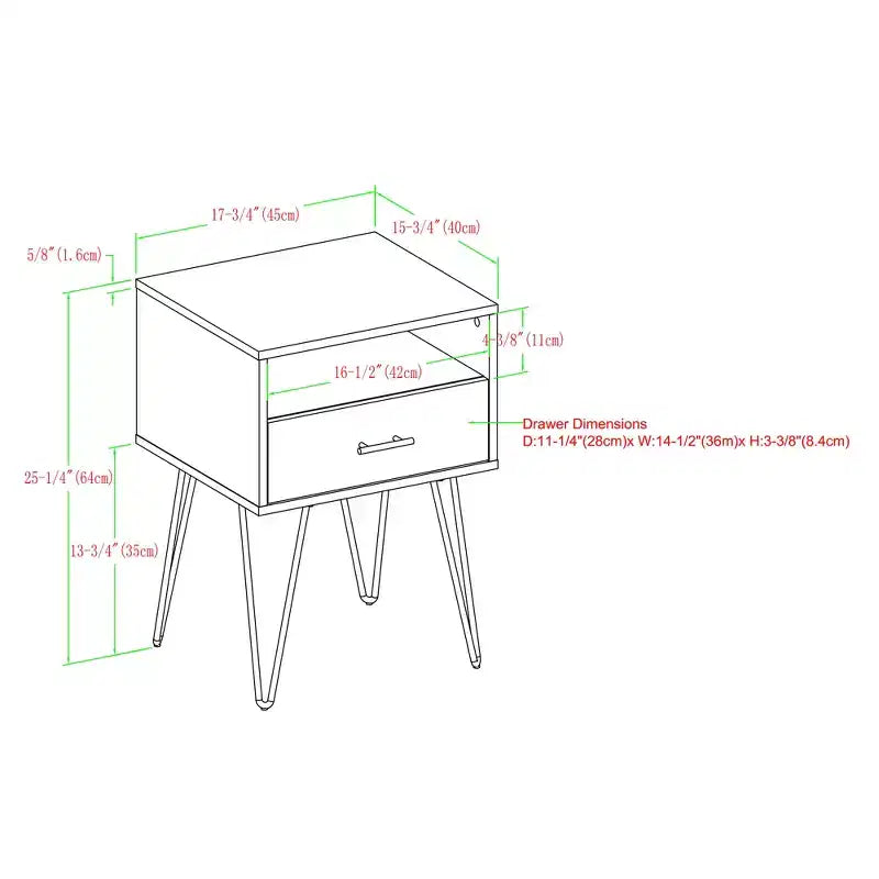 Mesa de noche moderna Amal con un cajón y patas de horquilla