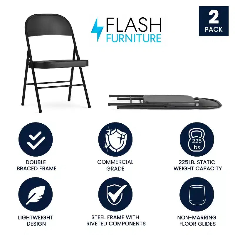 Silla plegable de metal con doble refuerzo, paquete de 2