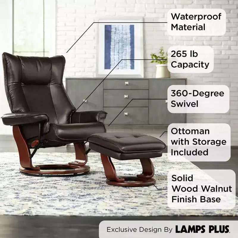 BenchMaster Morgan Sillón Reclinable de Piel Sintética Java Sillón Moderno Otomana Reposapiés Reclinación Manual Ergonómica Giratoria para Dormitorio Sala de Estar Lectura