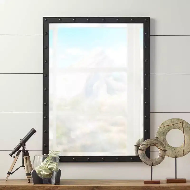 Espejo decorativo de pared rectangular Uttermost Braddock para tocador, rústico, con borde biselado, remaches en relieve, marco de metal negro, 71 cm de ancho para baño y sala de estar